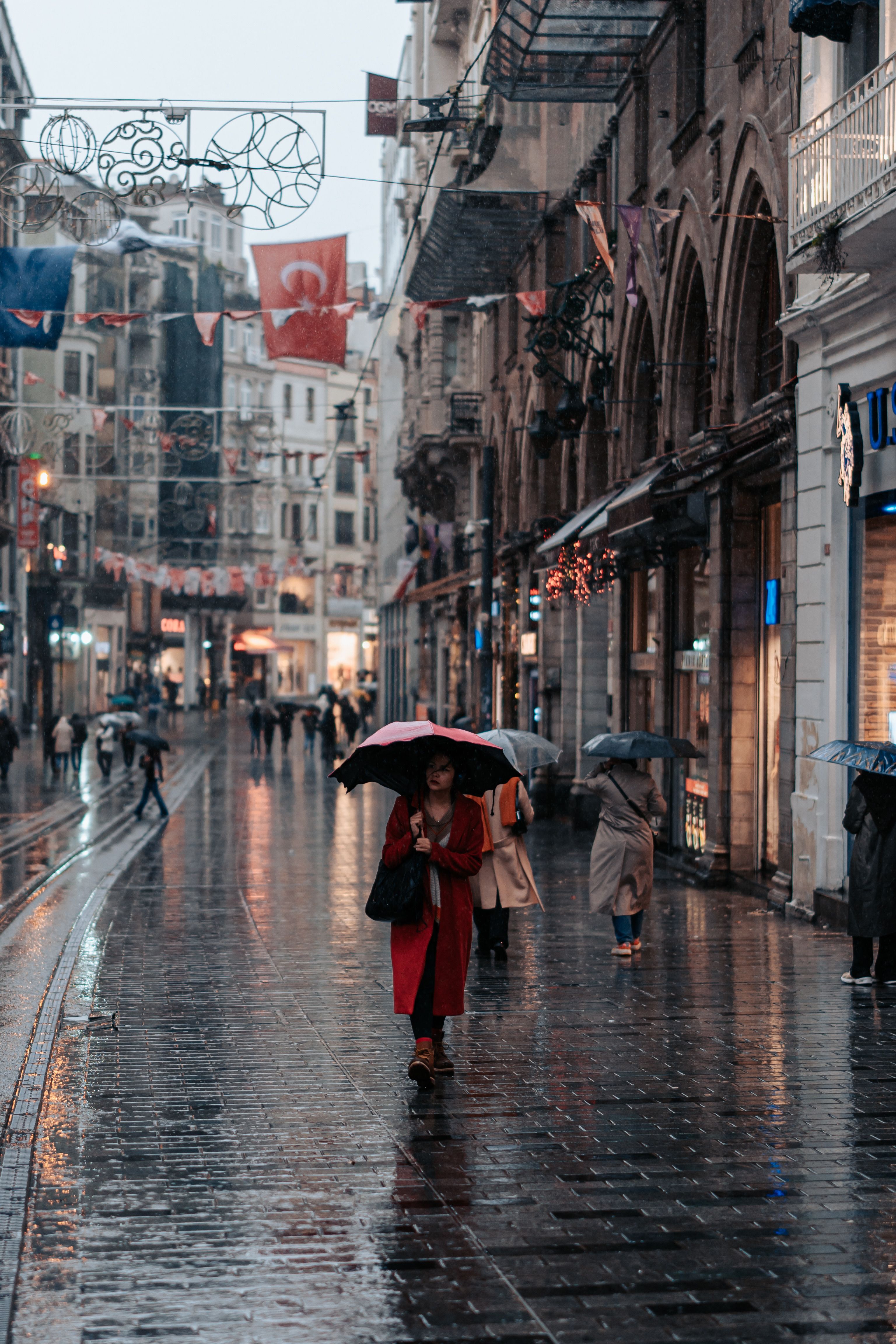 Pedestrians Walking with Umbrellas on the Streets of Istanbul in Rain ...