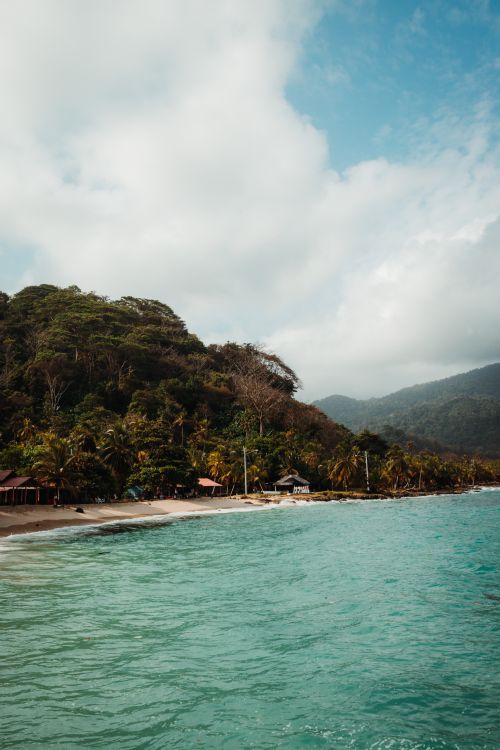 Free Serene tropical beachfront with lush forest, ocean waves, and scattered beach huts under a blue sky. Stock Photo