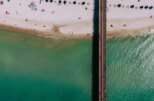Aerial View of a Sunny Beach with Pier and Turquoise Waters