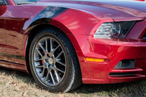 Close up of Red Ford Mustang