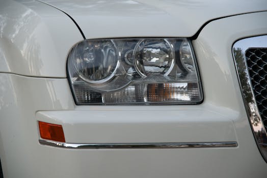 Detailed view of a white car's headlamp, showcasing the design and structure.