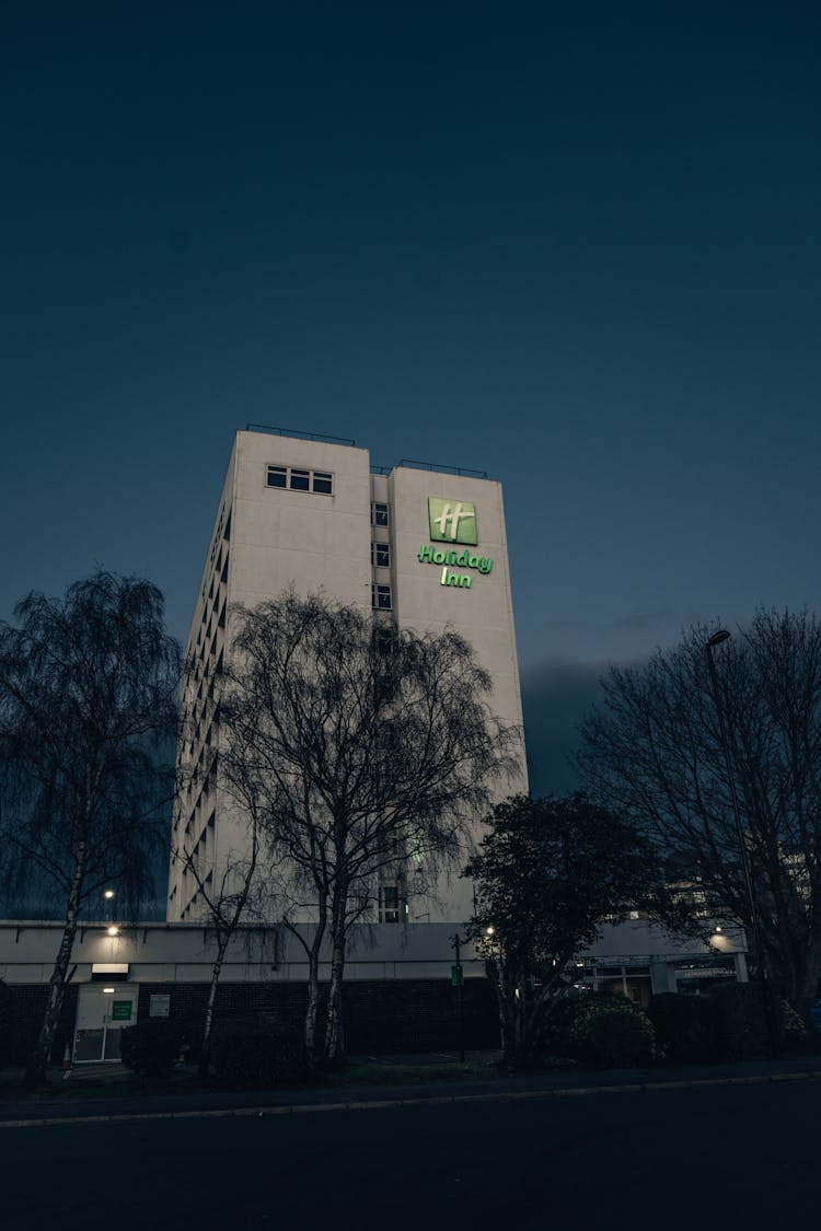 Trees In Front Of House Buildings At Night 