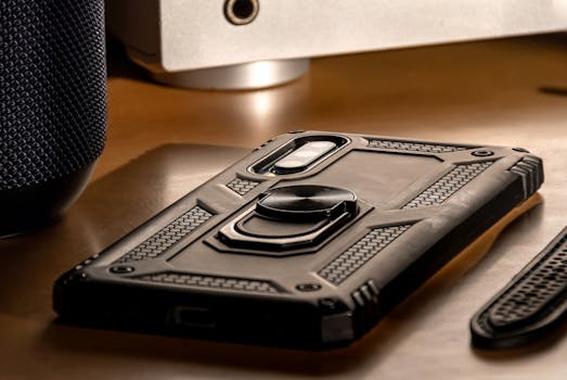 A detailed close-up view of a smartphone with a rugged case lying on a desk, showcasing modern technology.