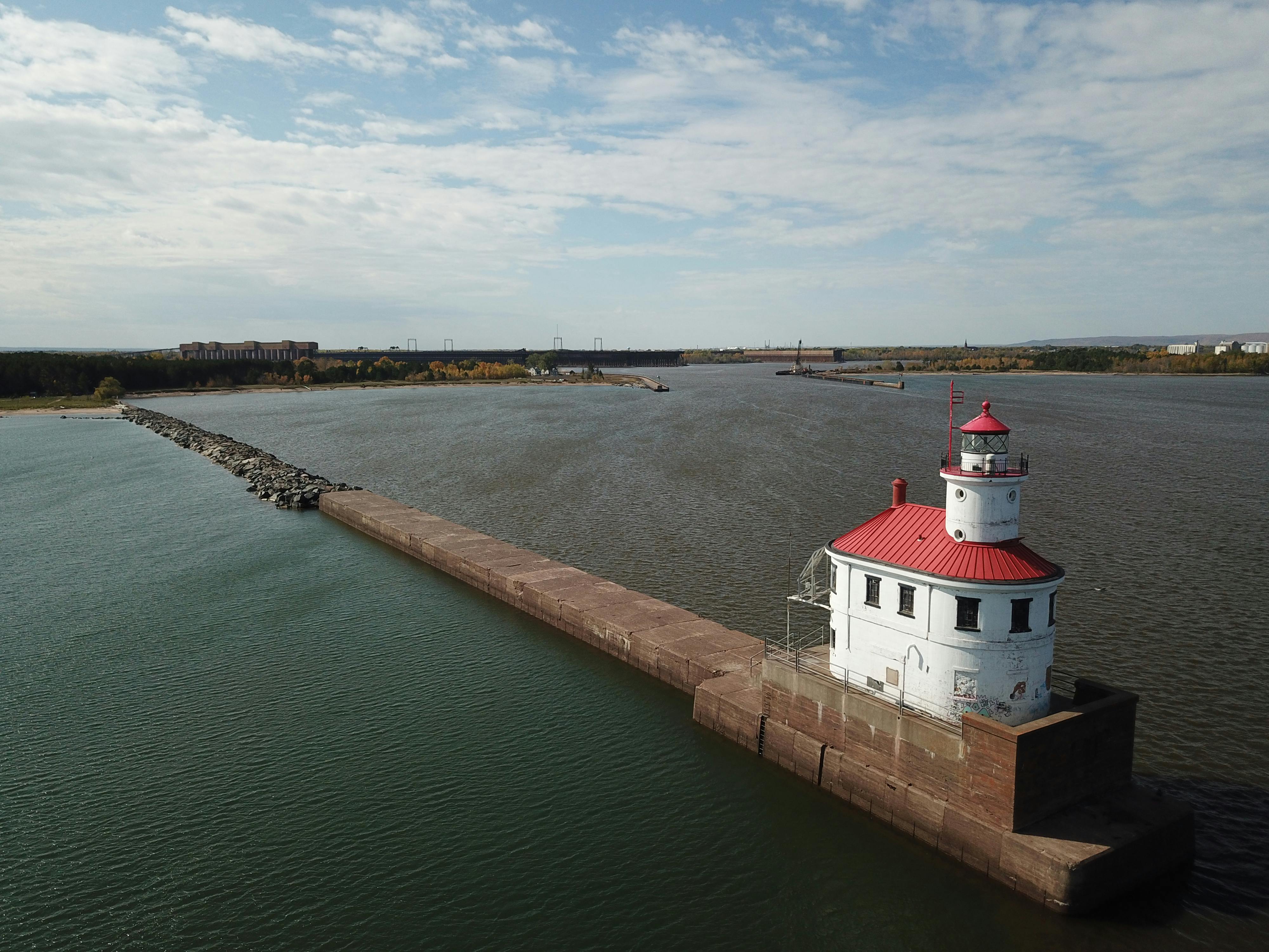 Aerial view of Wisconsin Point Light House on a sunny day in Superior, WI.