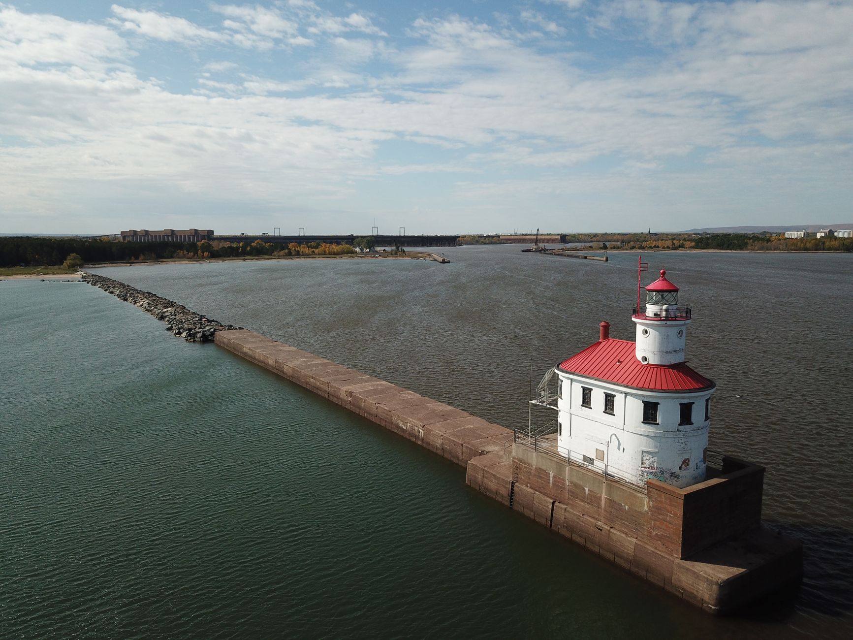 Aerial view of Wisconsin Point Light House on a sunny day in Superior, WI.
