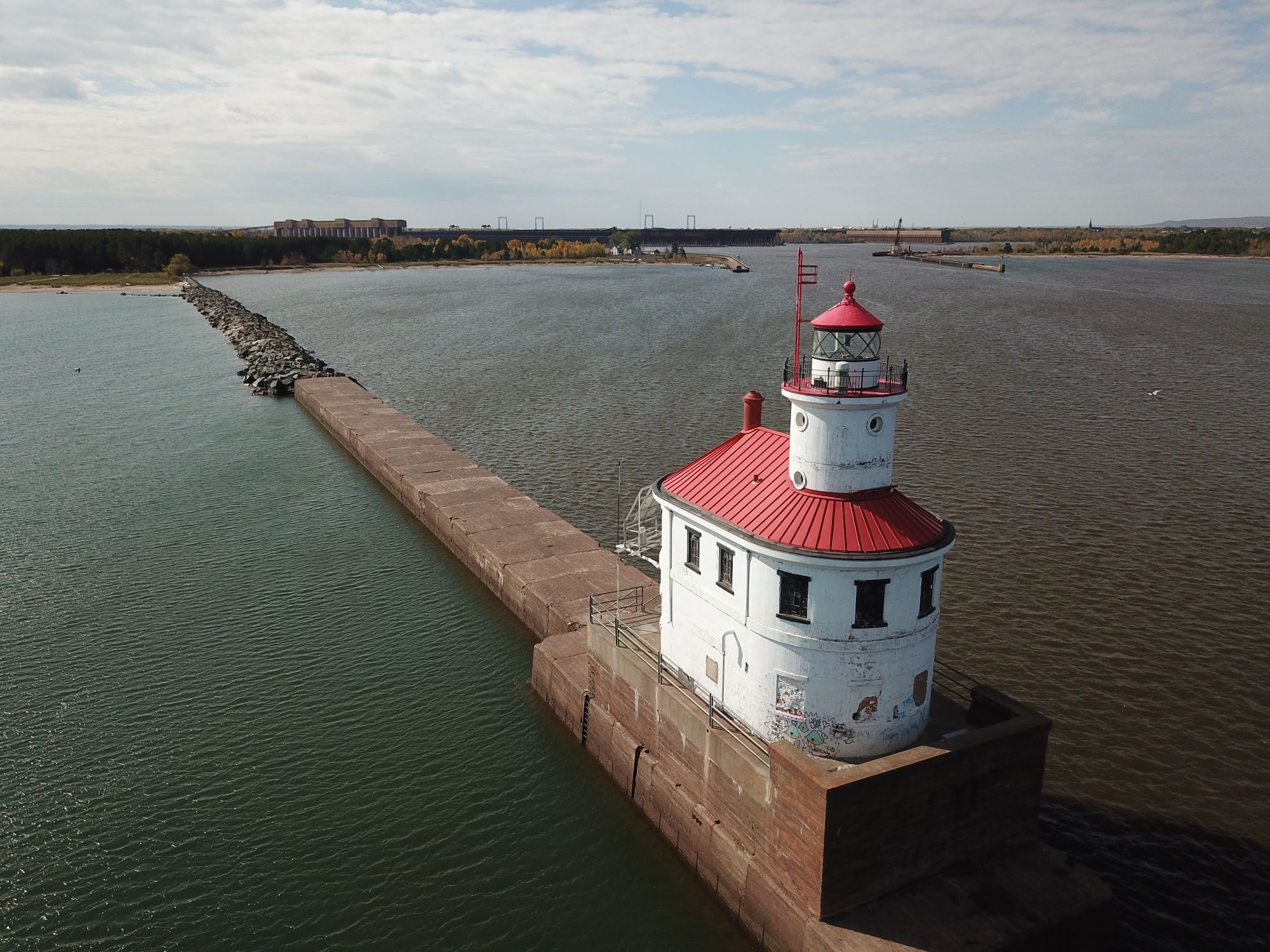 Wisconsin Point Drive Drone Shot of the Wisconsin Point Light in Superior, on Wisconsin Point ...