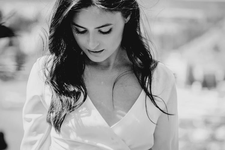 Portrait Of Woman Wearing White Dress In Black And White 