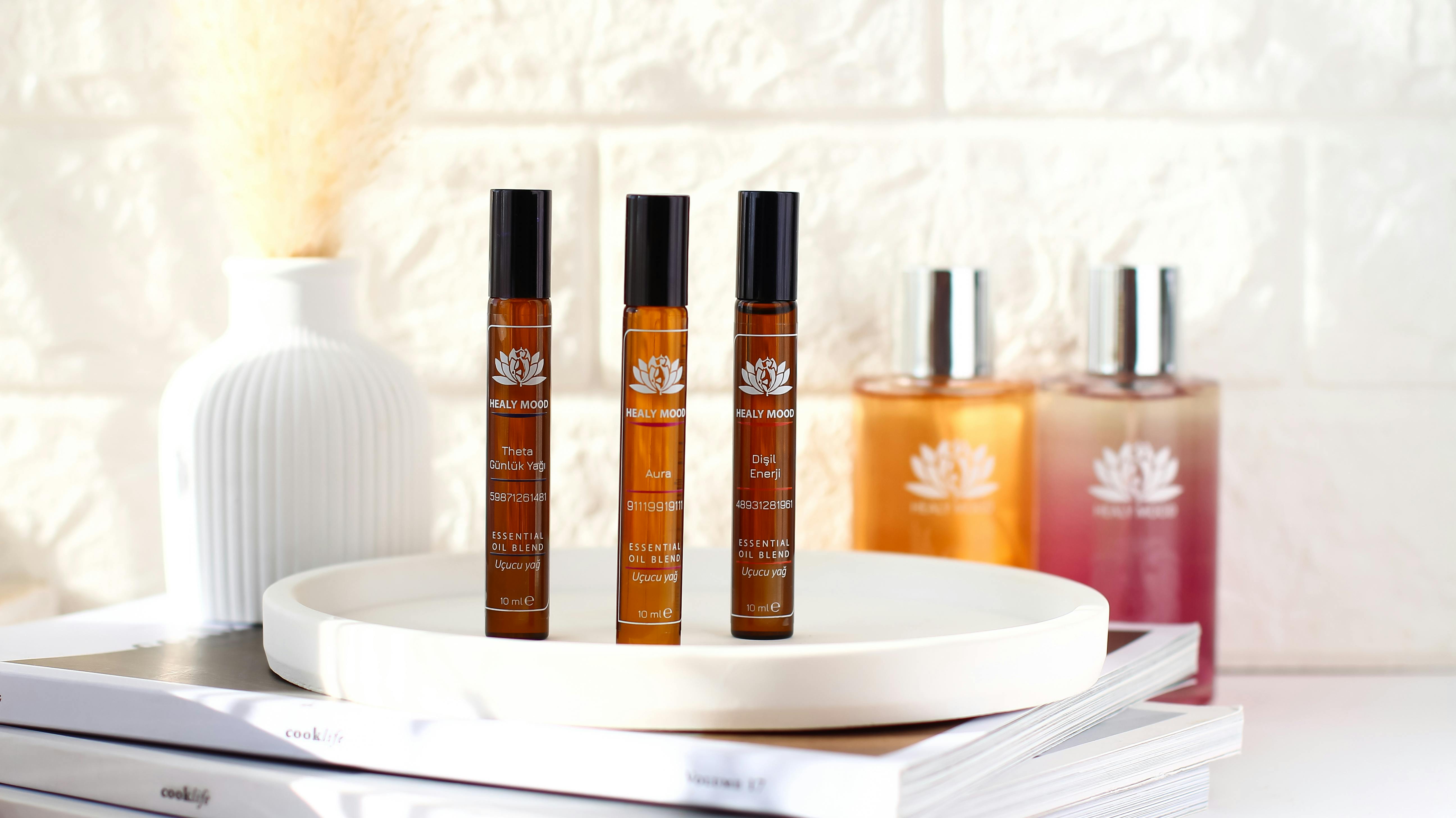 Vials of Aromatic Skin Care Oils from Healy Mood on a Tray