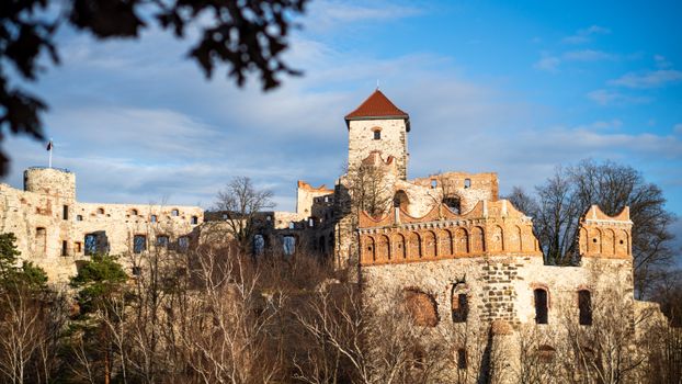 Explore the stunning ruins of Tenczynek Castle set against a vibrant blue sky.