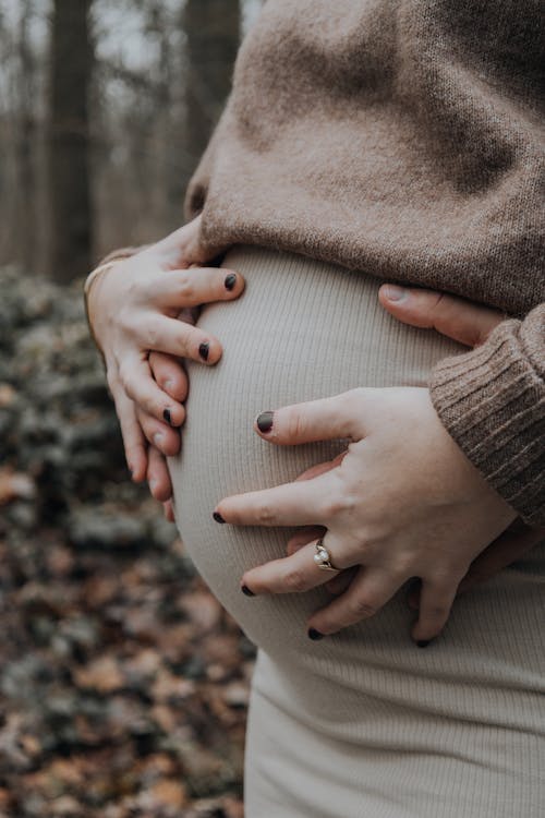 Closeup of Hands Holding the Pregnant Females Belly