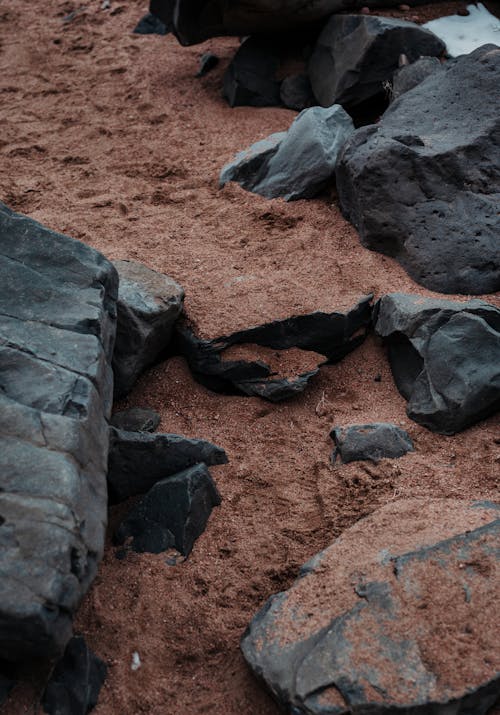 Closeup of Black Stones, and Brown Soil