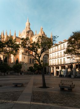 The Segovia Cathedral bathed in sunlight with trees and an empty town square, Spain.
