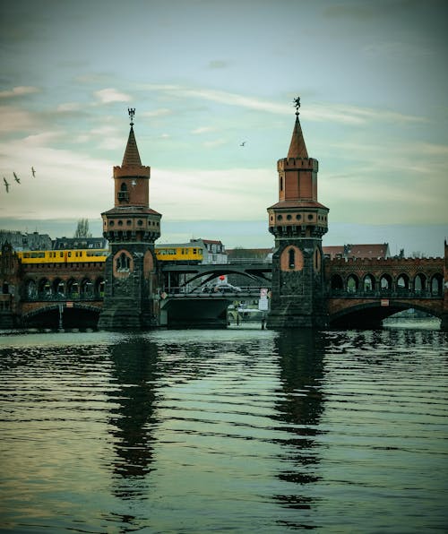View of a Train on the Oberbaum Bridge Crossing the River Spree in Berlin, Germany 