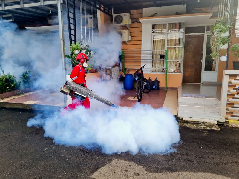 Especialista control de plagas fumigando exterior de vivienda Alicante