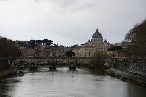 Ancient Aelian Bridge on River Tiber in Rome and Saint Peter Basilica
