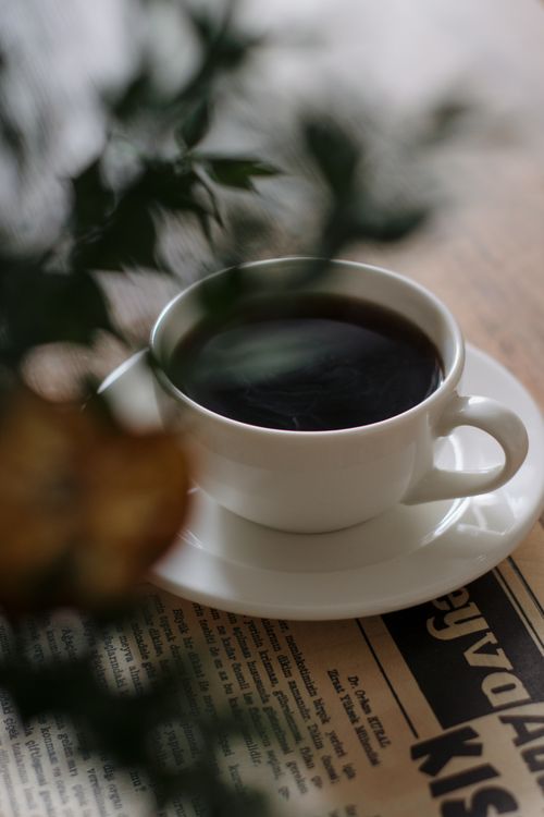 Free White cup of black coffee on newspaper, adorned by leaves in soft focus. Cozy and relaxing morning vibe. Stock Photo