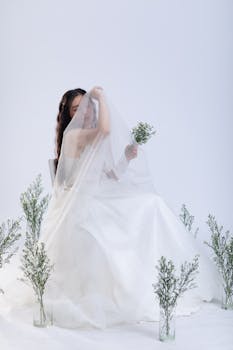 Stunning bridal portrait featuring a woman in a white wedding dress and veil, surrounded by delicate greenery.