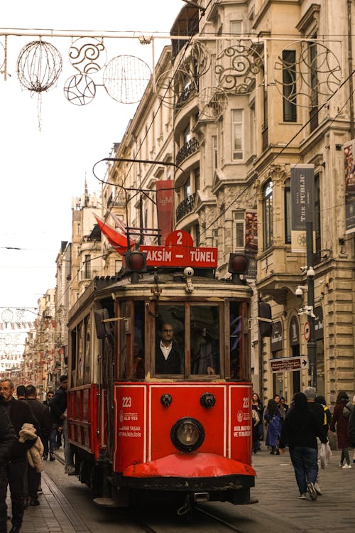 A Red Tram on Istiklal Avenue in Istanbul, Turkey 
