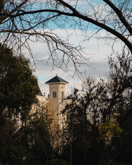 Free A striking neoclassical tower peeks through lush trees in Sétif, Algeria. Stock Photo