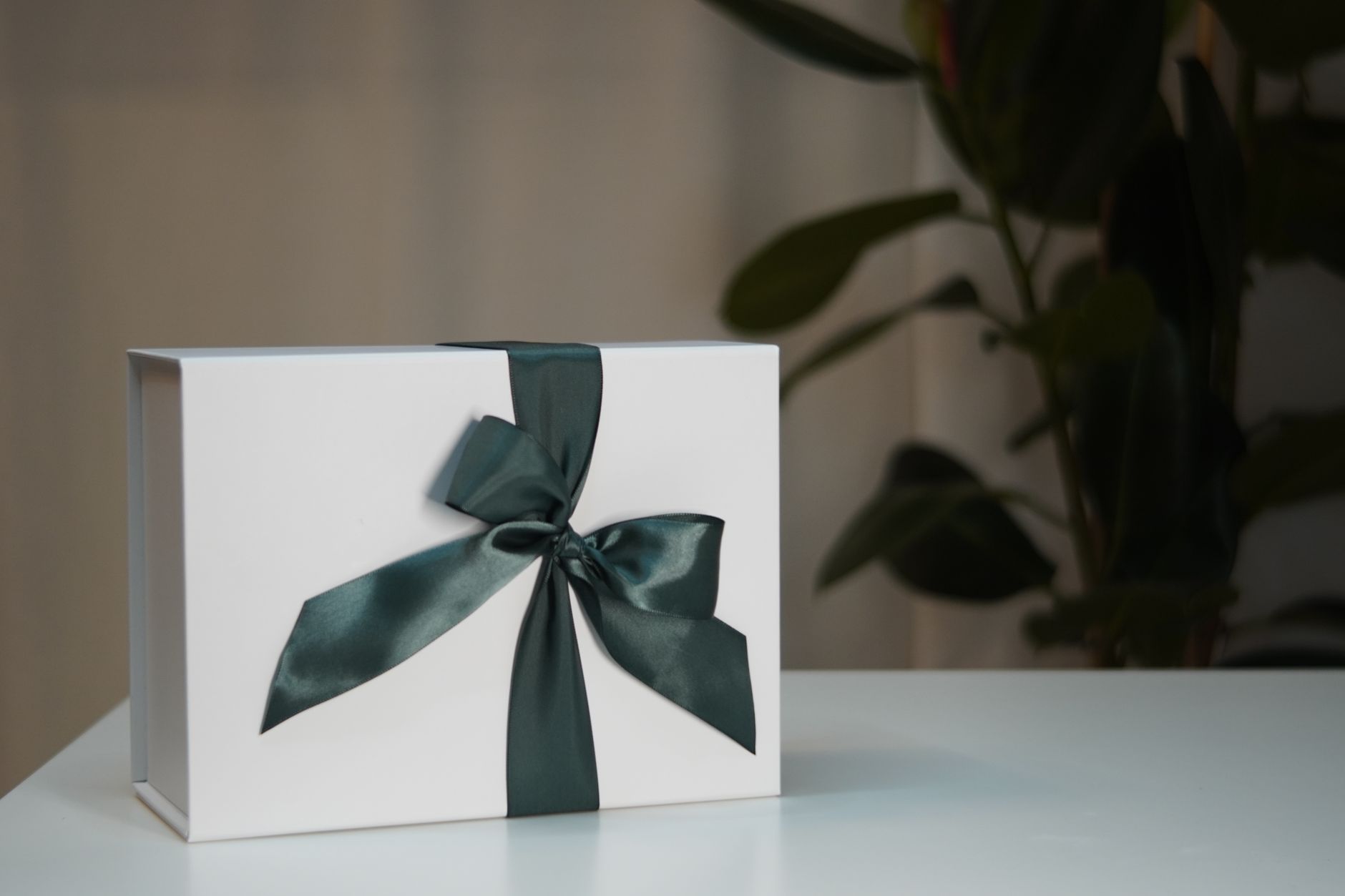 Stylish white gift box adorned with a dark green ribbon, perfect for special occasions.