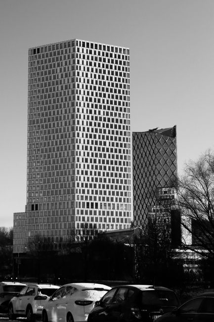 Black and white image showcasing modern skyscrapers in Gothenburg, Sweden, highlighting contemporary architecture.