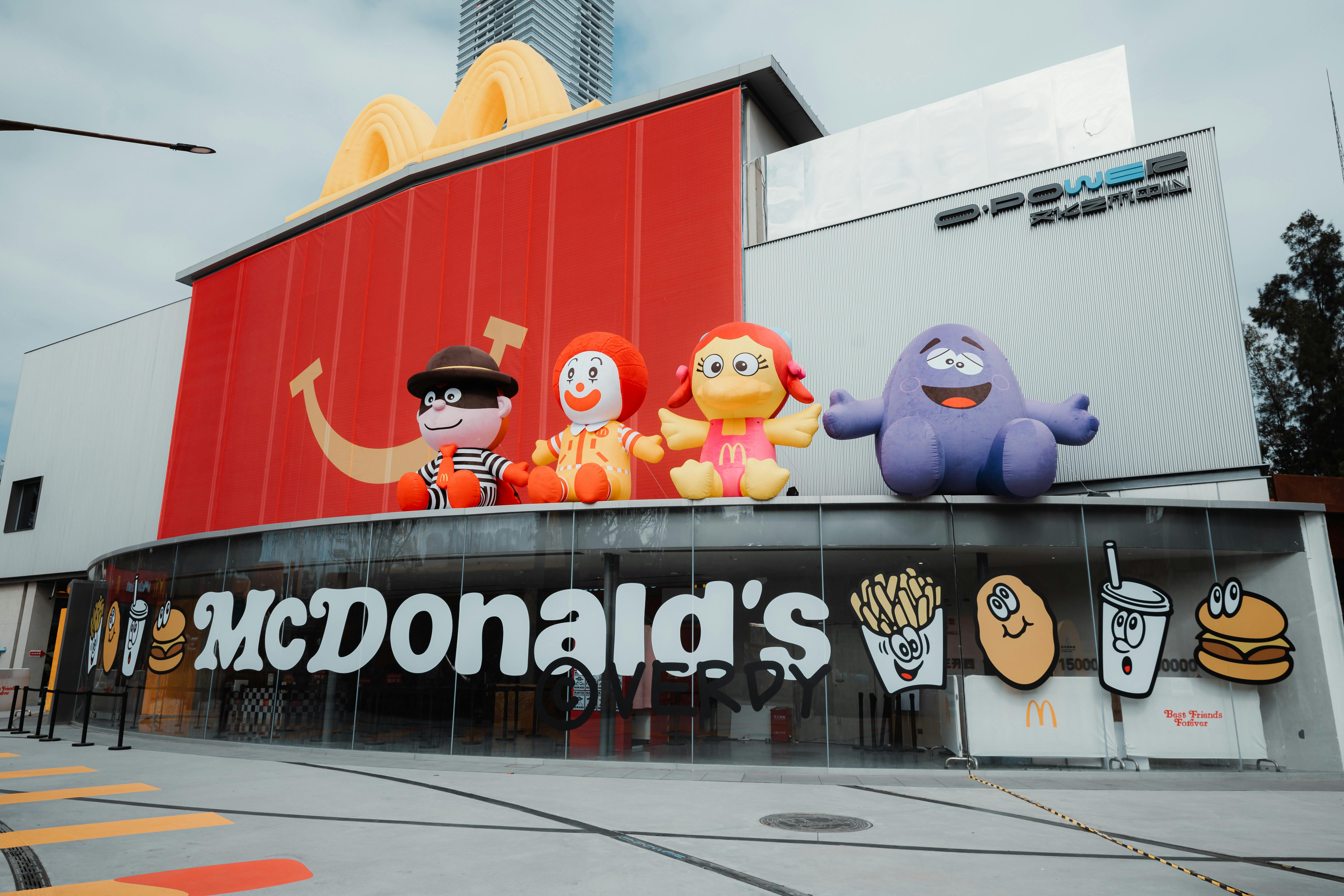 Exterior of McDonald's in Shenzhen featuring iconic character inflatables.