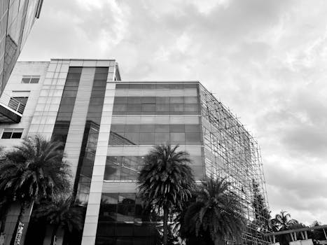 Black and white shot of a modern urban building with palm trees under cloudy skies.