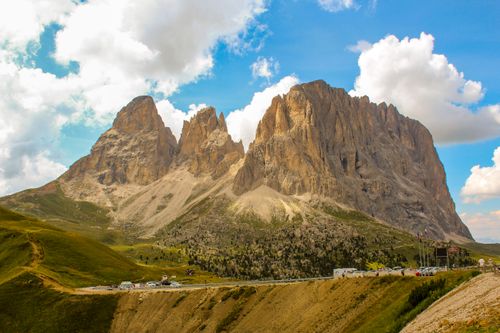 Free Stunning view of Dolomites rock formations under a sunny blue sky. Stock Photo