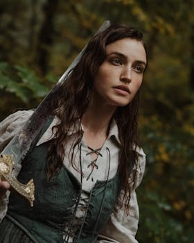 A captivating medieval-themed portrait of a woman in a forest, exuding elegance and strength.