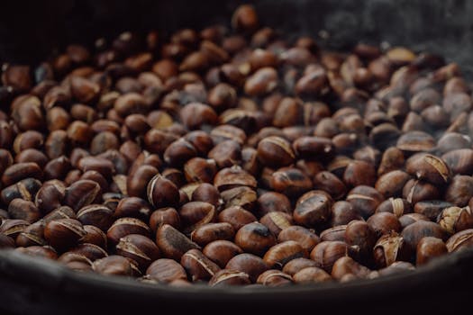 A detailed view of roasted chestnuts in a traditional market in Zürich, Switzerland.