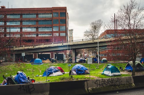 Tents on Grass by Overpass in Portland, Oregon, USA