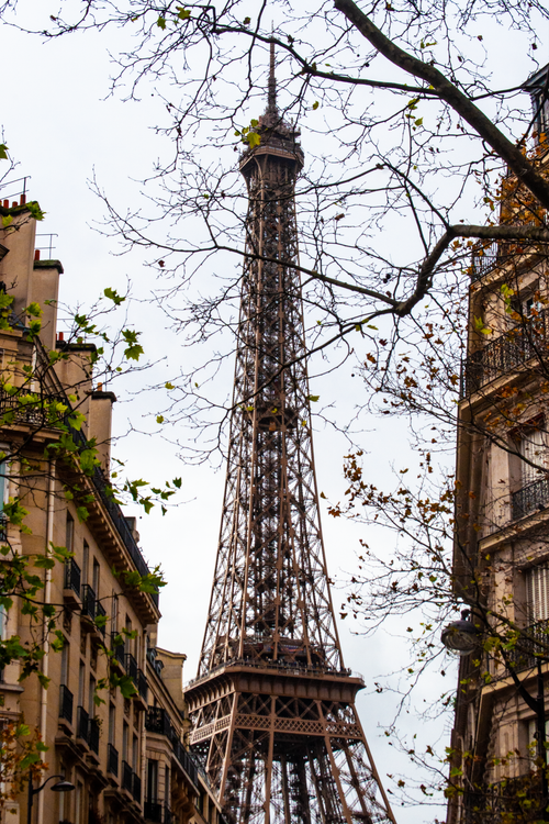 Free View of the Eiffel Tower through Parisian streets, capturing urban charm. Stock Photo