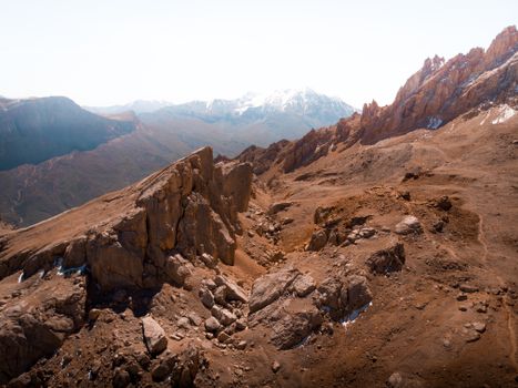 Breathtaking view of rugged mountains and rock formations in Dagestan, Russia.