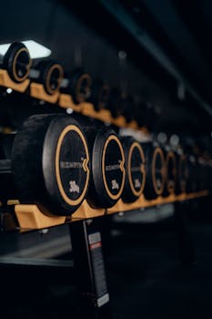 A row of 30kg dumbbells in a dimly lit gym, emphasizing sport and fitness equipment.