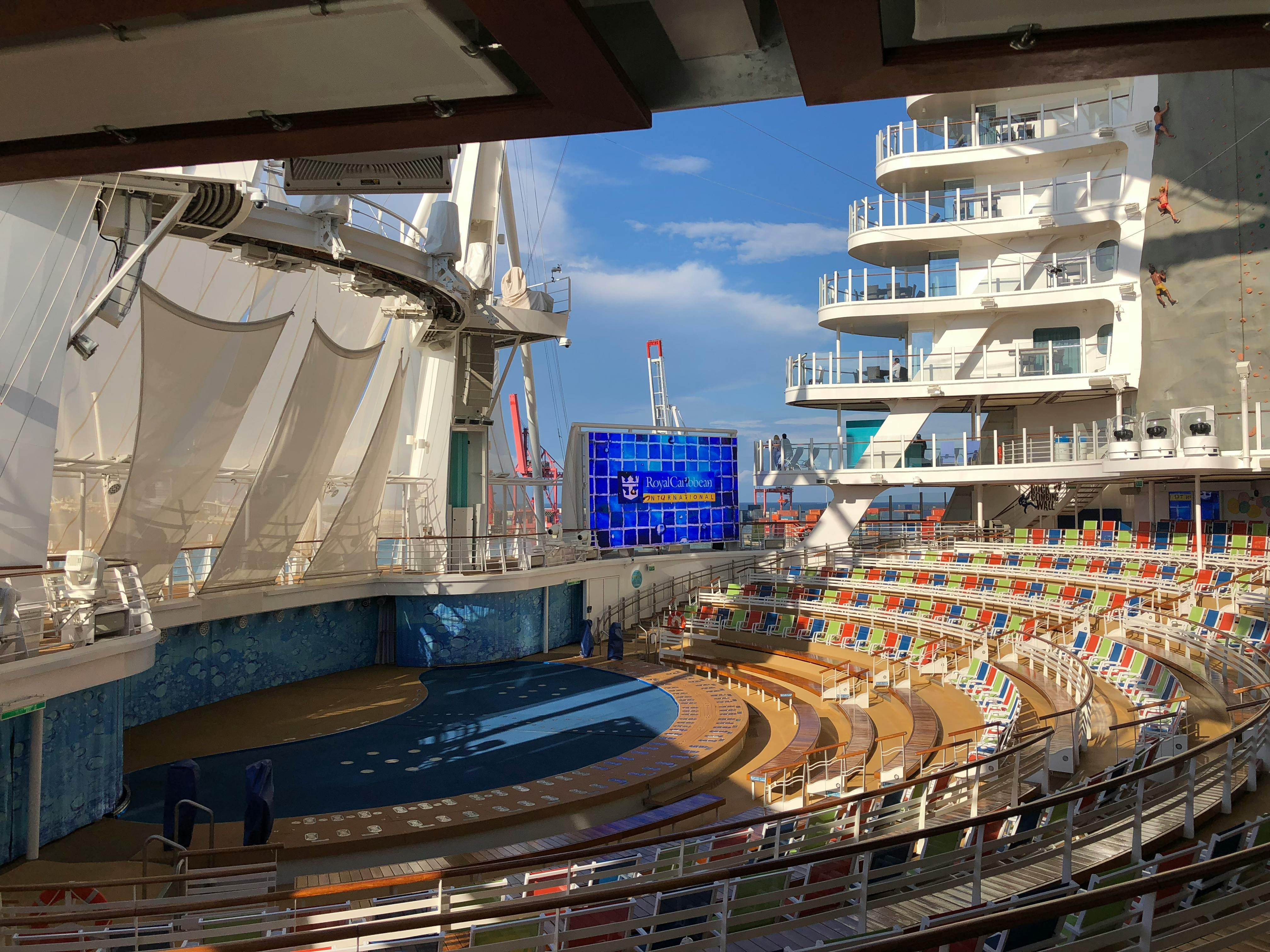 Free Vibrant cruise ship amphitheater with seating and stage in Barcelona, under a clear summer sky. Stock Photo