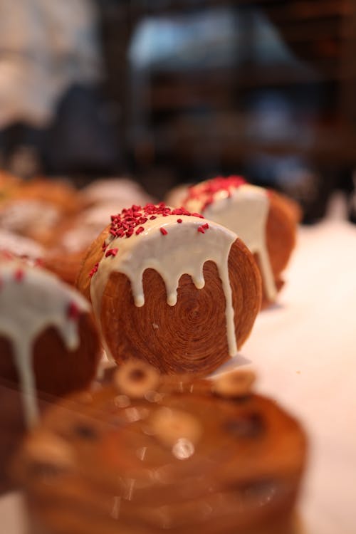 Close-up of Sweet Pastry Rolls with Icing 