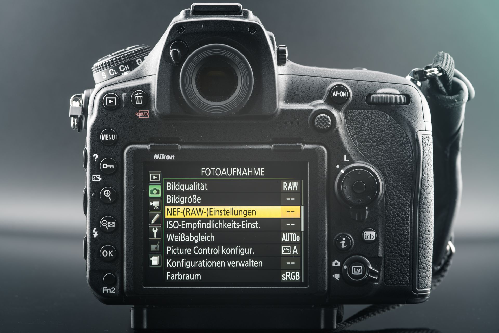 Close-up of a DSLR camera screen showing various photo settings and options.
