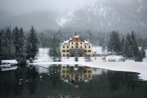 Toblacher See Lake and the Baur am See Hotel in Winter