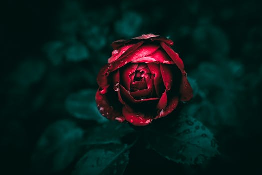 Detailed macro shot of a red rose with water droplets, evoking romance and elegance.