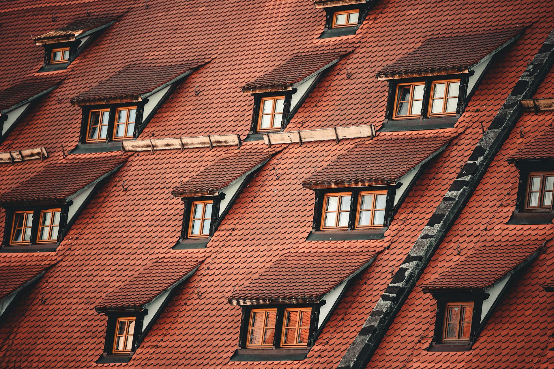 Close-up of red tile roofs and dormer windows in Nürnberg, Germany.