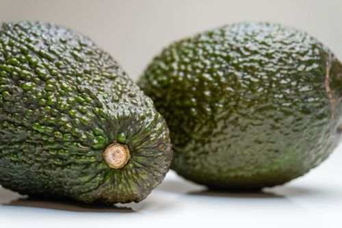 Free Detailed close-up of two fresh avocados on a white surface, showcasing texture and healthy green color. Stock Photo
