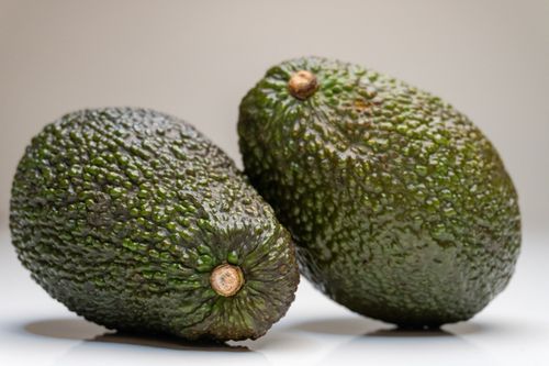 Free Close-up of two fresh organic avocados displayed on a white background, highlighting their textured skin. Stock Photo