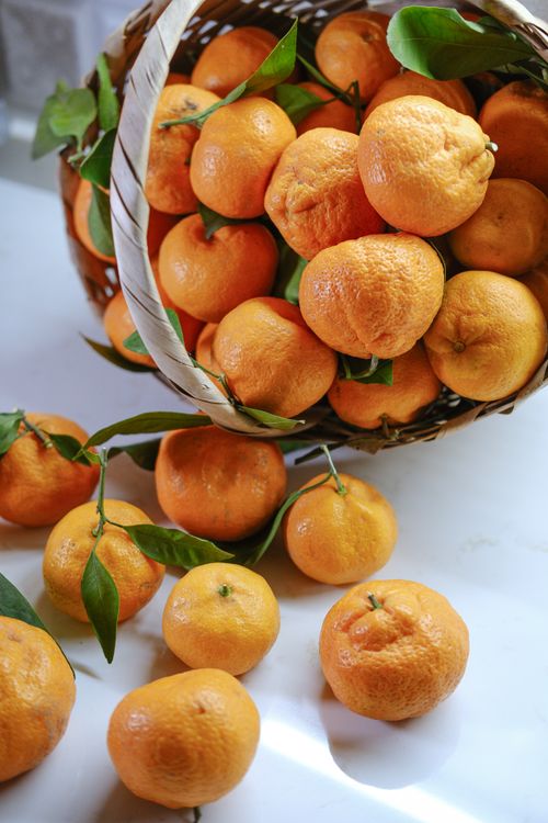 Free A basket of ripe, vibrant tangerines spilling onto a white surface, with green leaves attached. Stock Photo