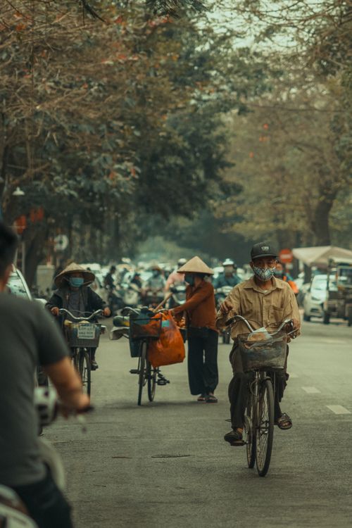 Free Cyclists and pedestrians navigate a leafy, busy city street in Asia. Stock Photo