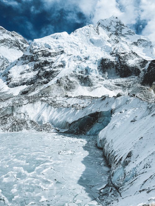 Free Frozen Mountain Lake and Snow Covered Rocks Stock Photo