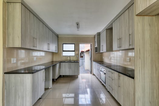 Spacious kitchen in Pretoria with sleek design and wooden cabinets.