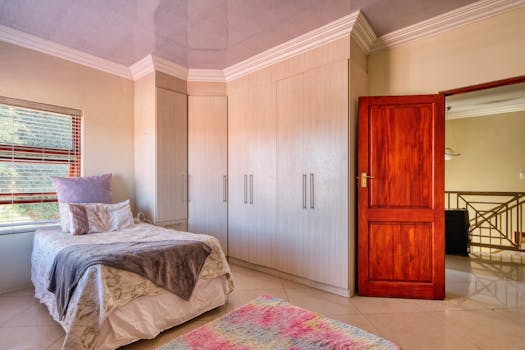 Bright and cozy modern bedroom featuring a bed, wardrobe and open door, ideal for lifestyle imagery.