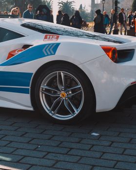 Side view of a high-performance sports car parked on city street, showcasing its racing stripes and sleek design.