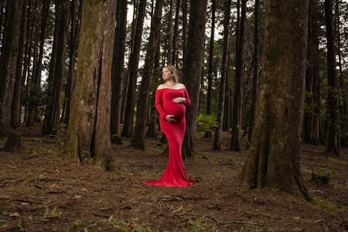 Pregnant Woman Wearing a Red Elegant Dress Standing in a Forest