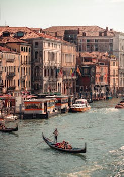 Explore the vibrant Grand Canal in Venice, Italy, captured with gondolas and historic architecture.